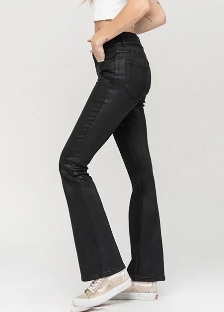 High Rise Double Button Black Coated Flare Jeans