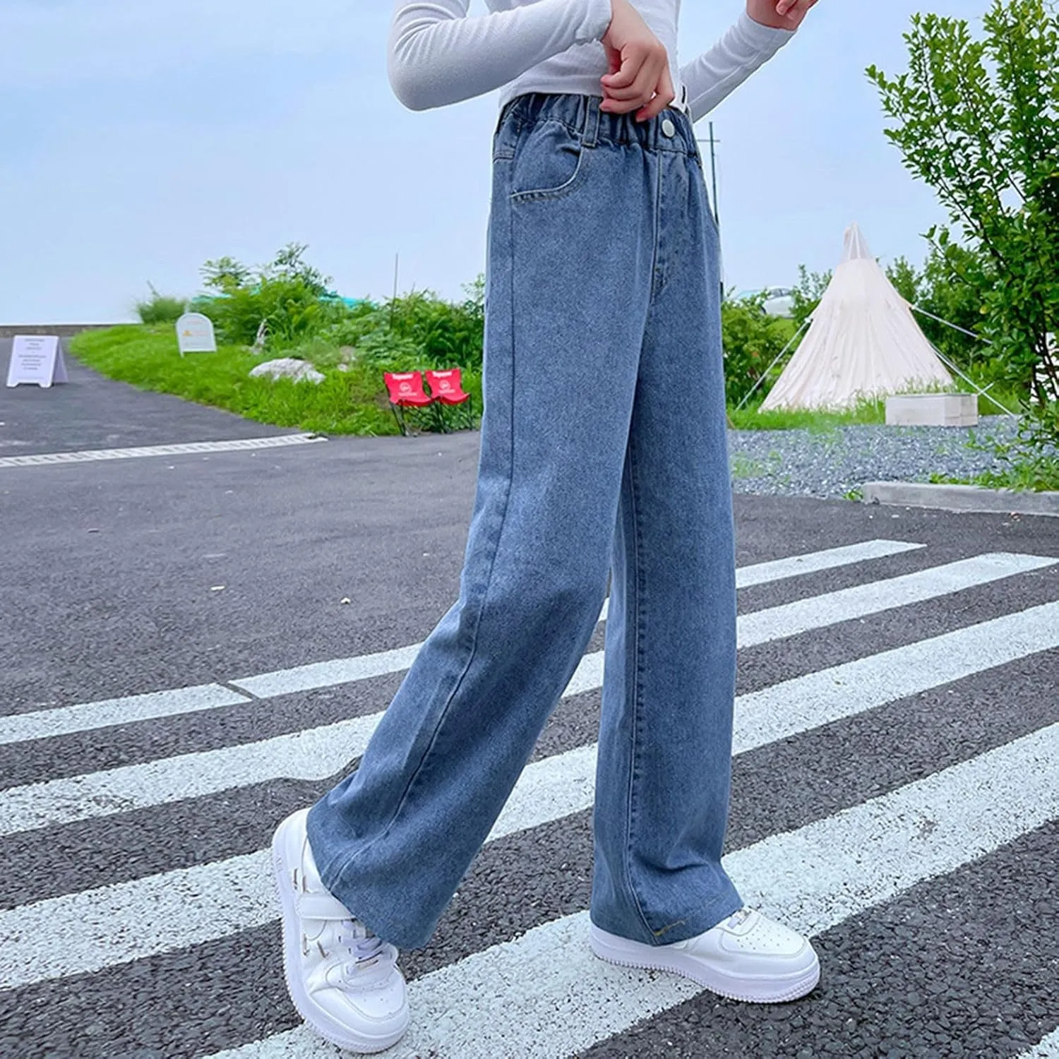 Kids Girls Baggy Jeans Casual Wide Leg High Waist Denim Pants Casual Denim Jeans Straight Leg Jeans for Baby Girl