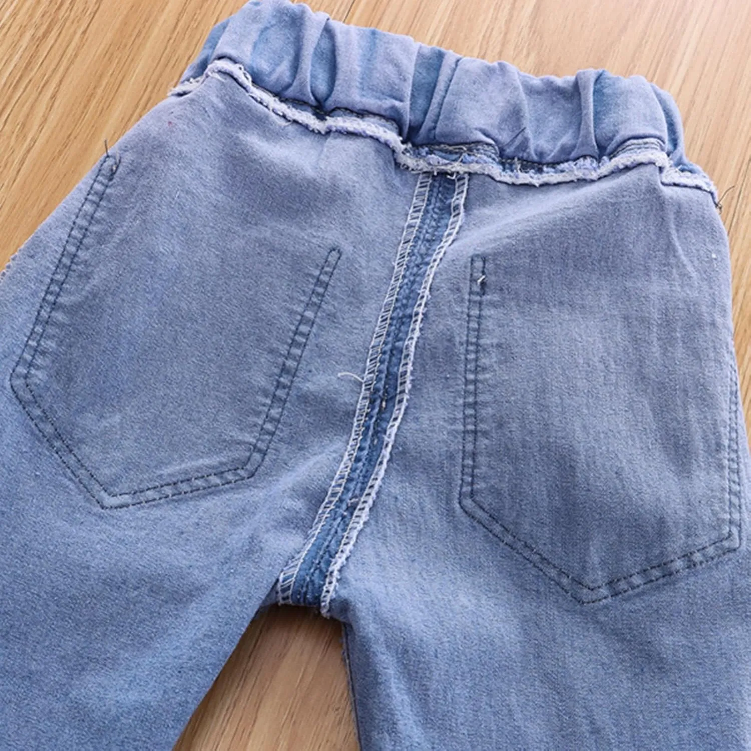 Kids Girls Bowknot Applique Jeans Elastic Waist Jeans Cool Loose Fit Distressed Denim Pants Baggy Y2K Trousers Jeans