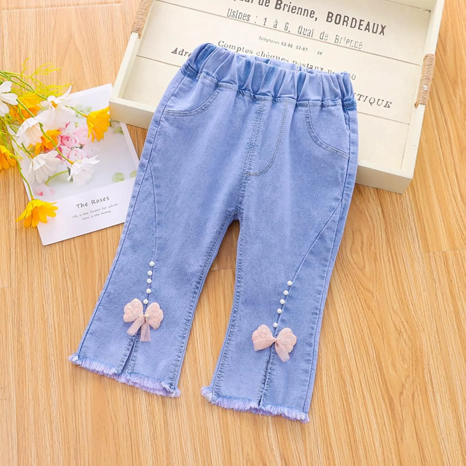 Kids Girls Bowknot Applique Jeans Elastic Waist Jeans Cool Loose Fit Distressed Denim Pants Baggy Y2K Trousers Jeans