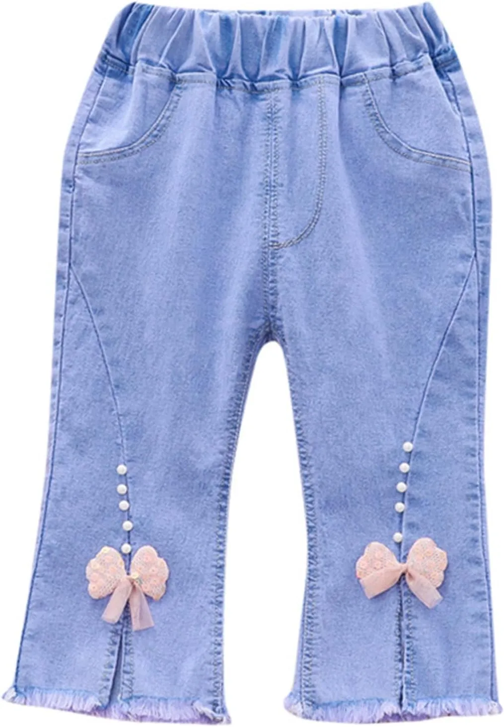 Kids Girls Bowknot Applique Jeans Elastic Waist Jeans Cool Loose Fit Distressed Denim Pants Baggy Y2K Trousers Jeans