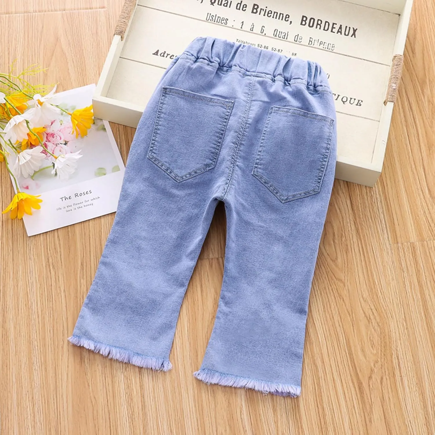 Kids Girls Bowknot Applique Jeans Elastic Waist Jeans Cool Loose Fit Distressed Denim Pants Baggy Y2K Trousers Jeans