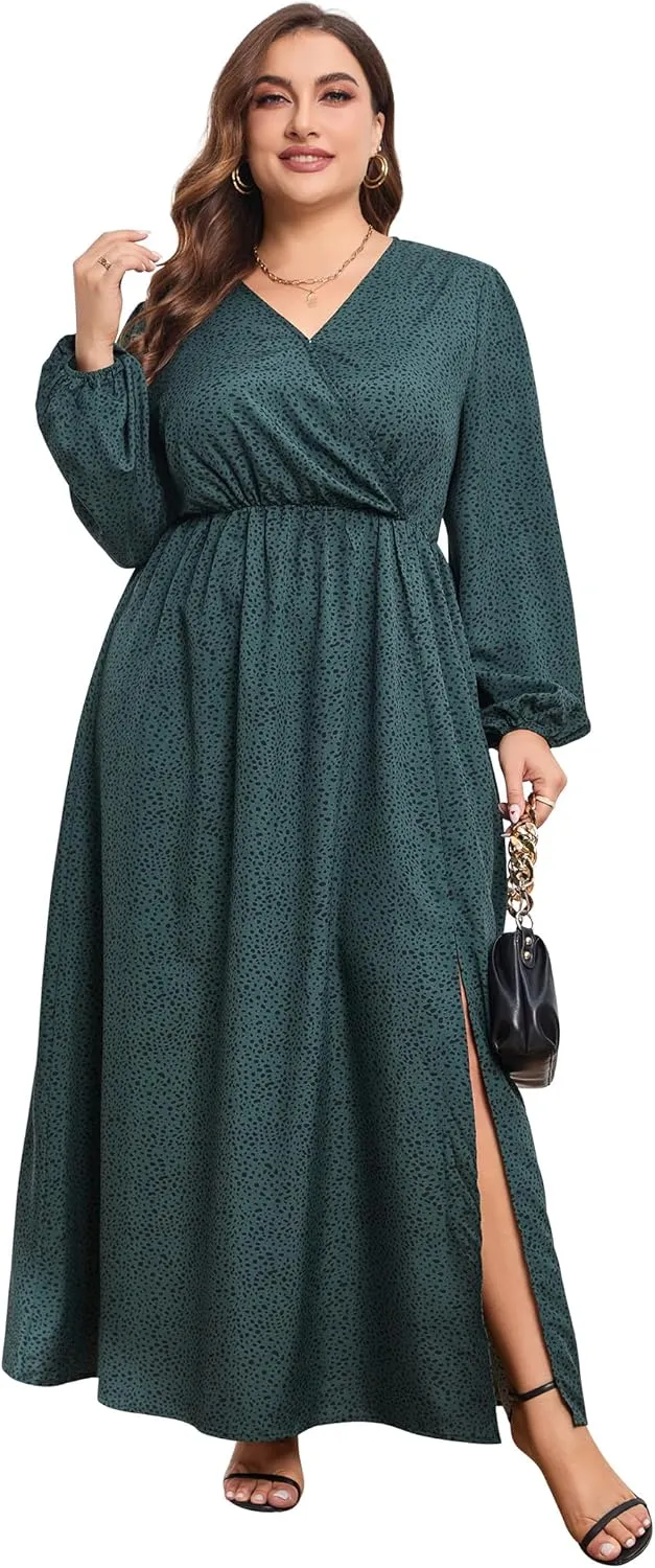 KOJOOIN Women Plus Size Wrap Maxi Dress Short Flutter Sleeves Empire Waist Side Split A Line Casual Dress