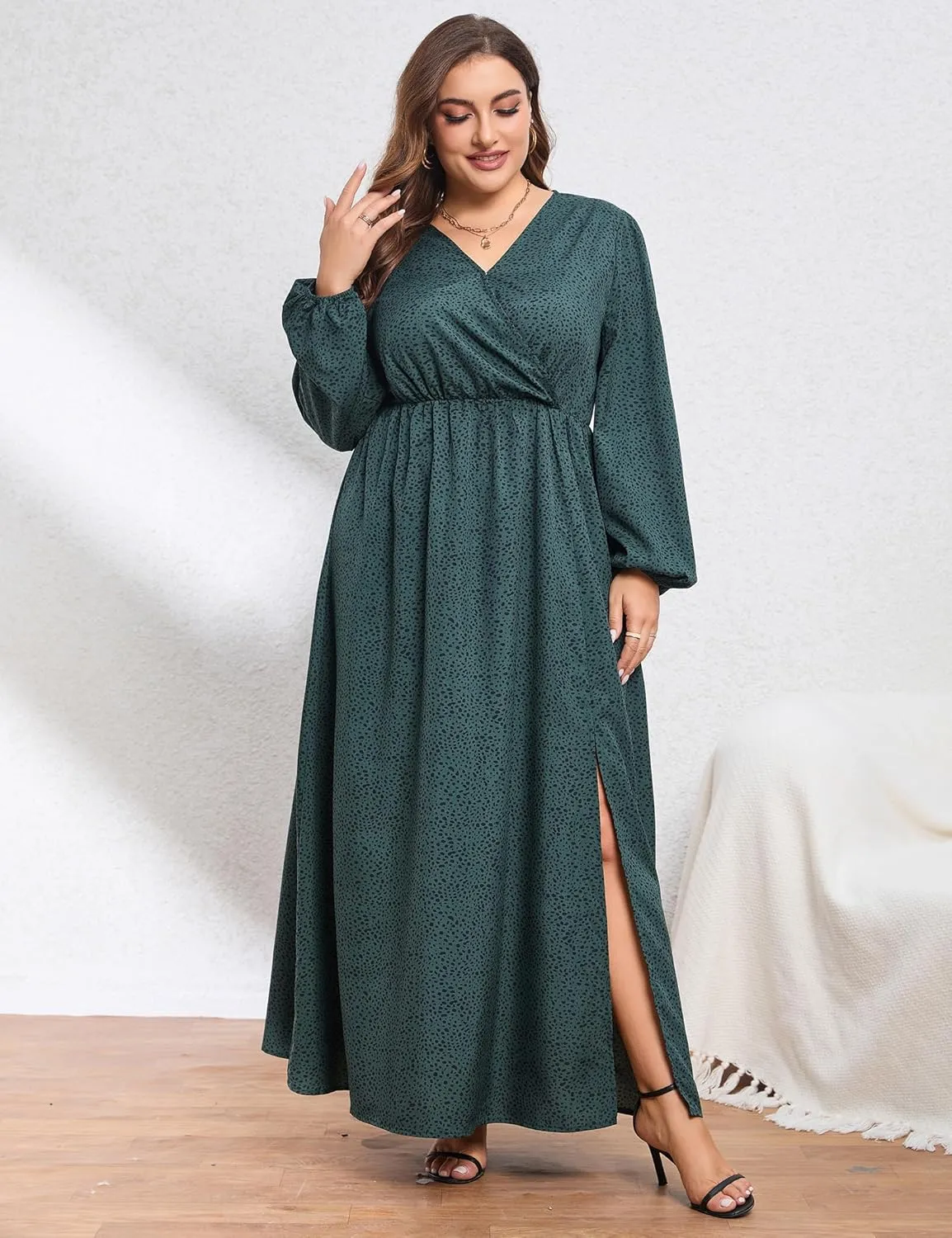 KOJOOIN Women Plus Size Wrap Maxi Dress Short Flutter Sleeves Empire Waist Side Split A Line Casual Dress