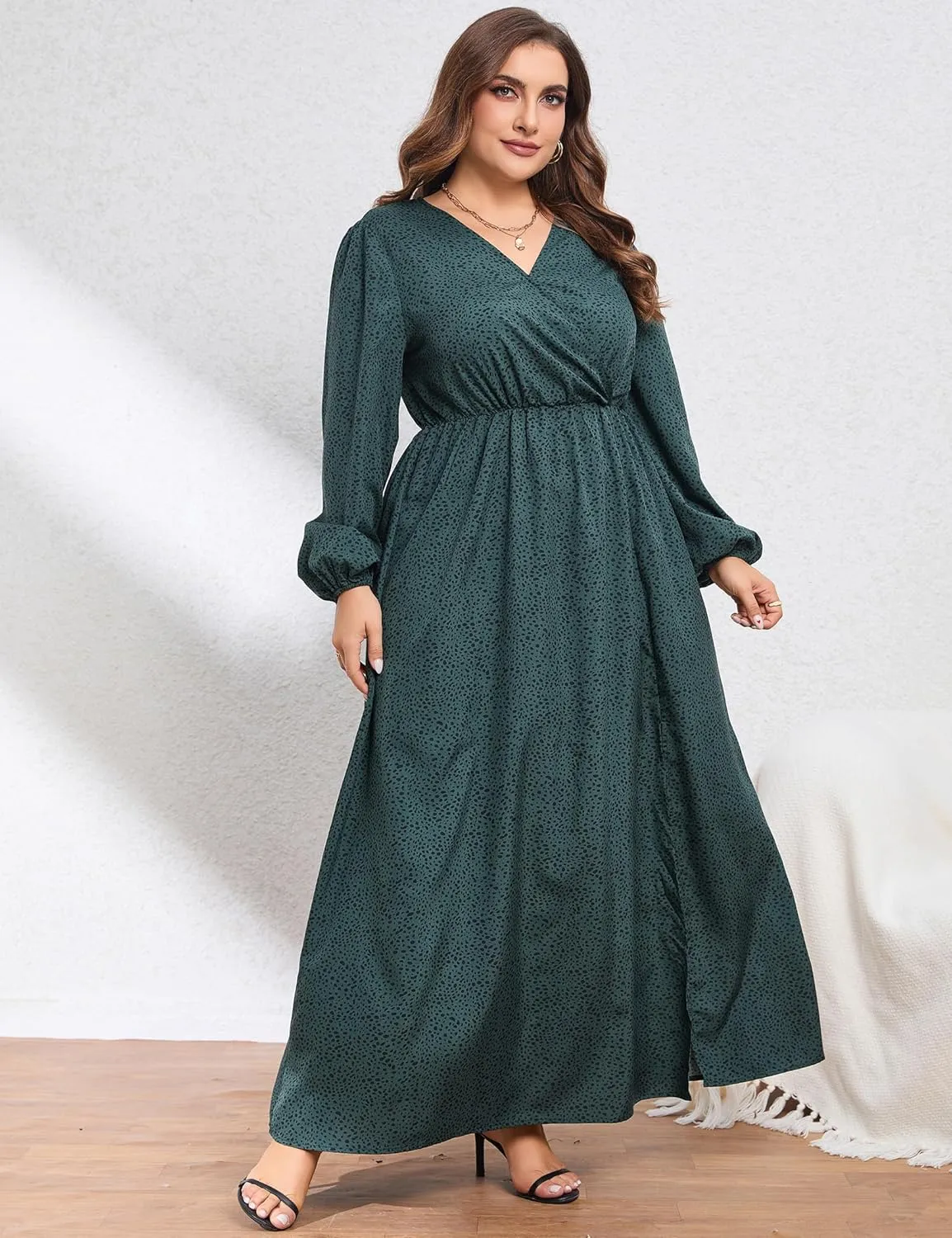 KOJOOIN Women Plus Size Wrap Maxi Dress Short Flutter Sleeves Empire Waist Side Split A Line Casual Dress