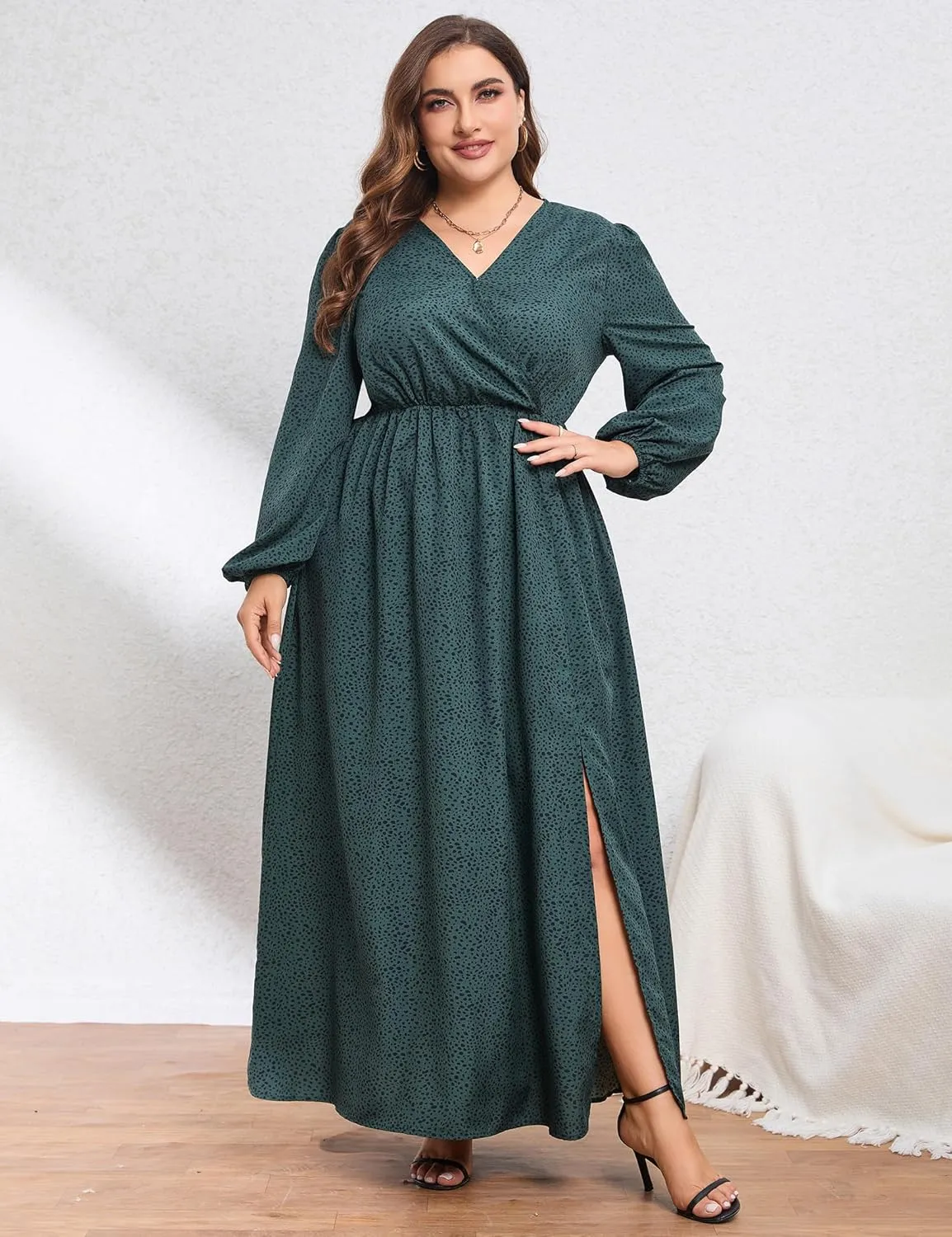 KOJOOIN Women Plus Size Wrap Maxi Dress Short Flutter Sleeves Empire Waist Side Split A Line Casual Dress