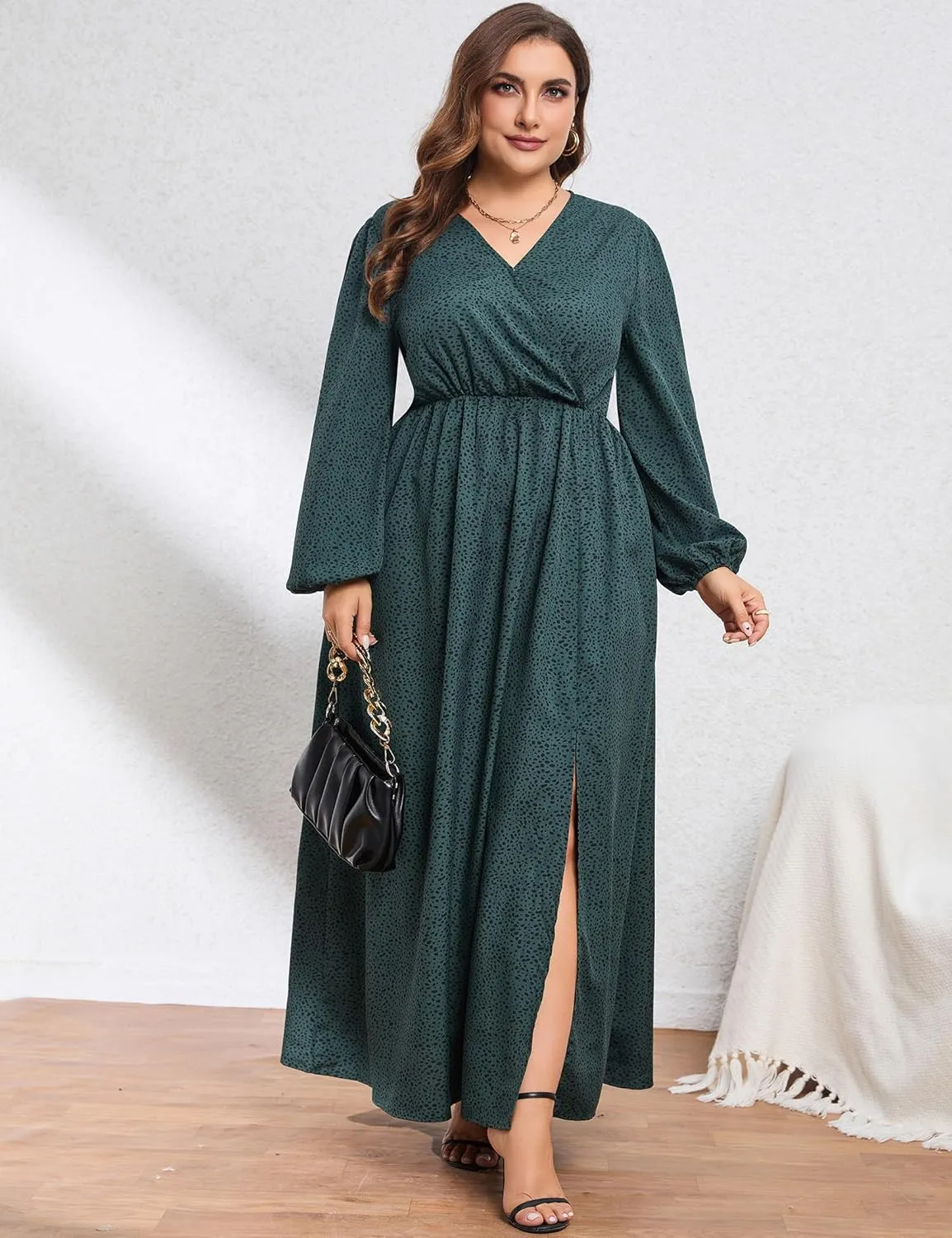 KOJOOIN Women Plus Size Wrap Maxi Dress Short Flutter Sleeves Empire Waist Side Split A Line Casual Dress