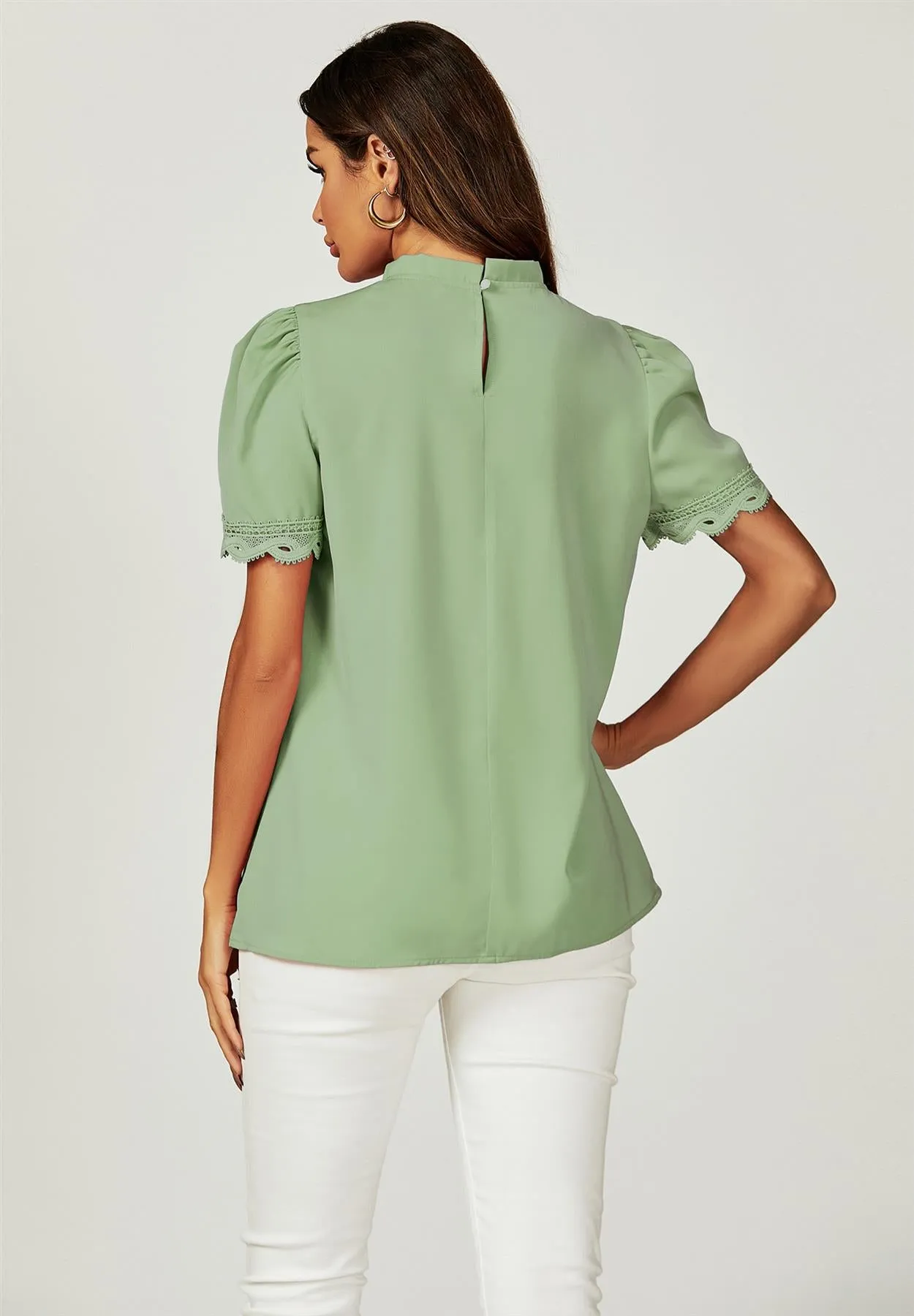 Lace Trim Detail Short Sleeve High Neck Blouse Top In Light Green