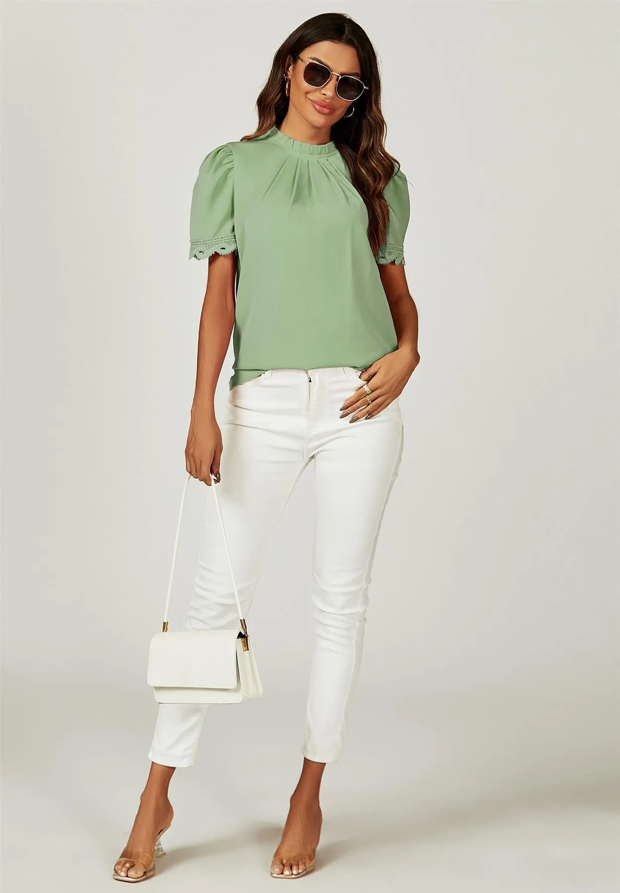 Lace Trim Detail Short Sleeve High Neck Blouse Top In Light Green