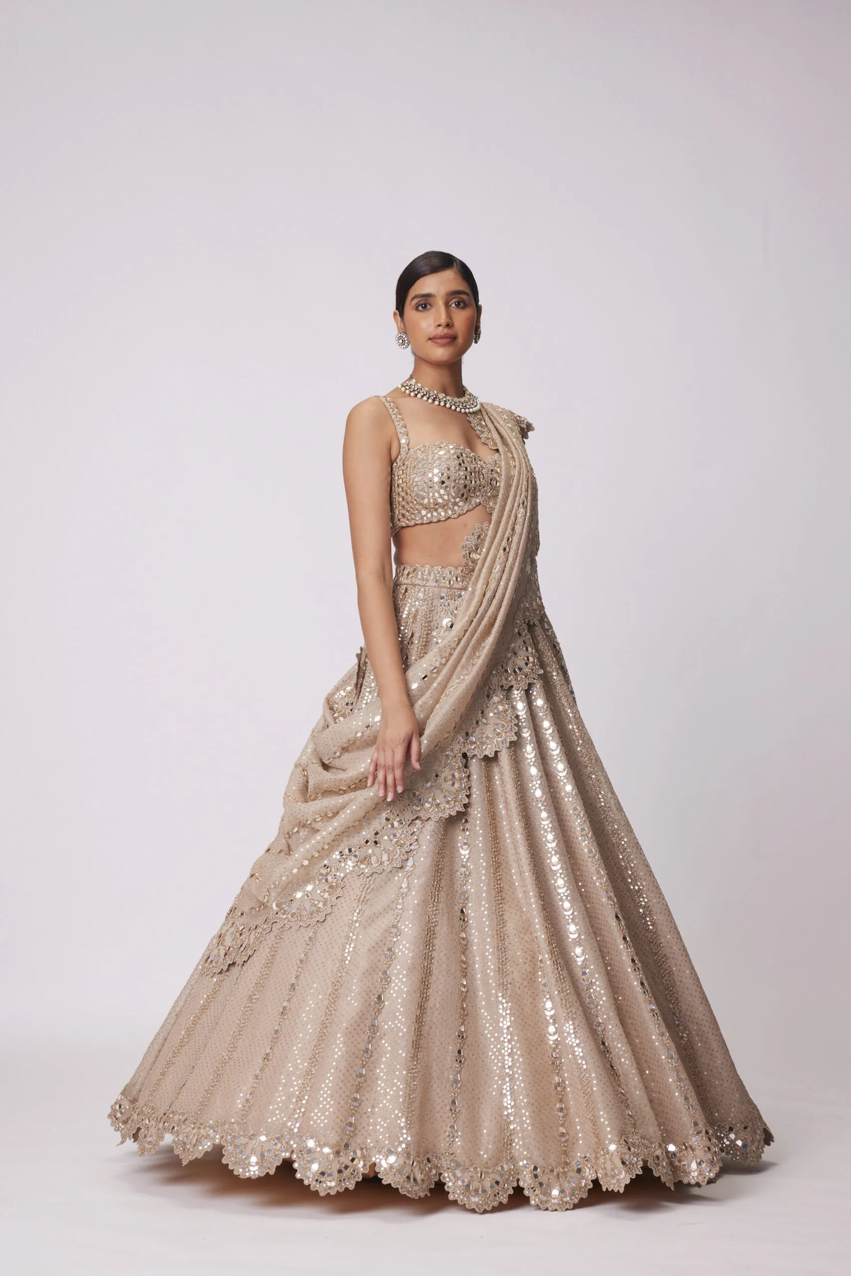 LIGHT BEIGE SEQUIN EMBROIDERED LEHENGA SET