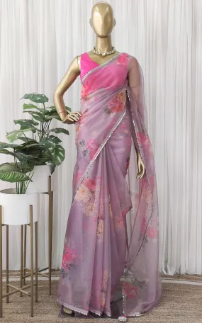 Light Purple Floral Organza Saree