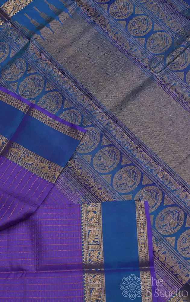 Light violet kanchi silk saree with checks and  parrot pallu
