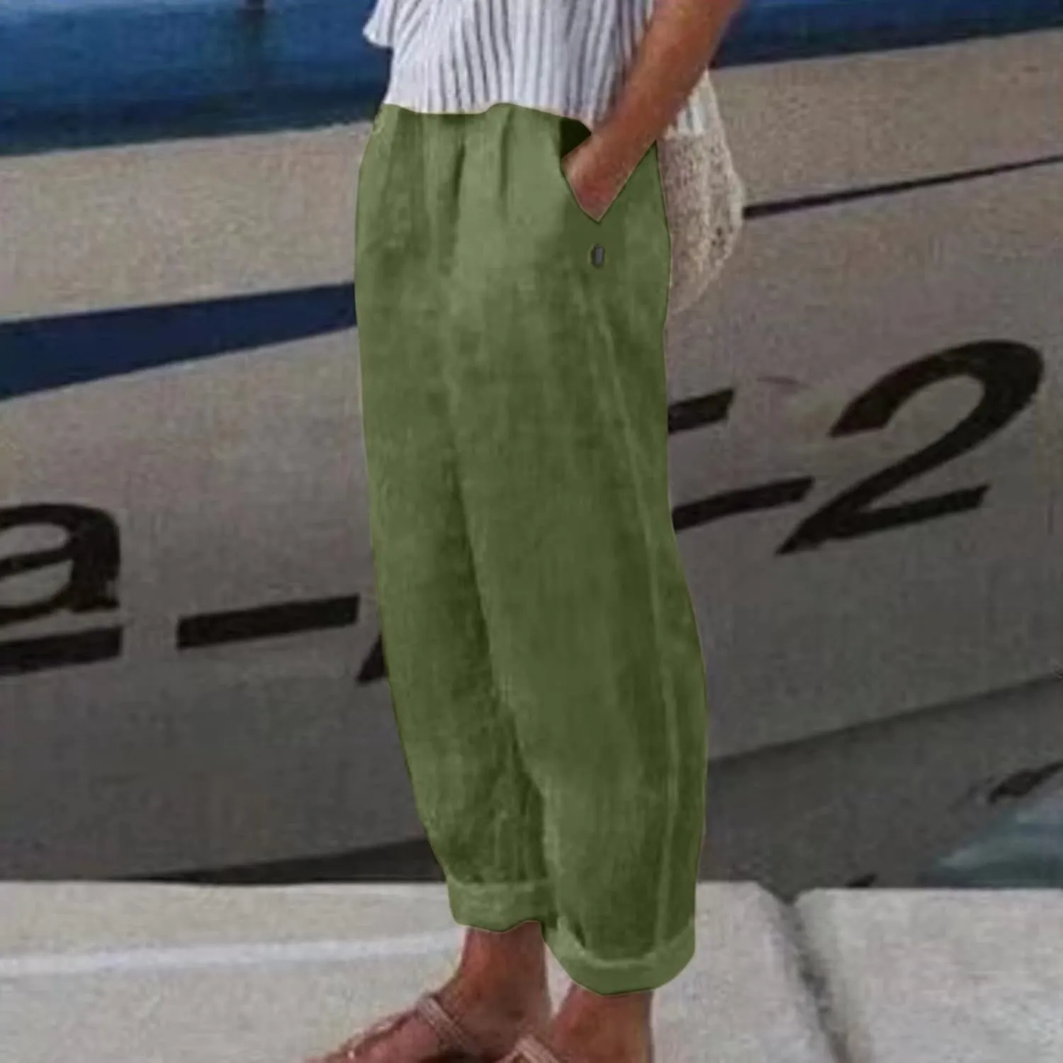 Linen Capri Pants Women Summer Sweatpants 2025 Trendy Striped Spring Summer Pants Casual Elastic Waist Comfy Trousers