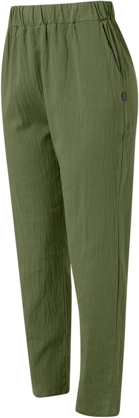 Linen Capri Pants Women Summer Sweatpants 2025 Trendy Striped Spring Summer Pants Casual Elastic Waist Comfy Trousers