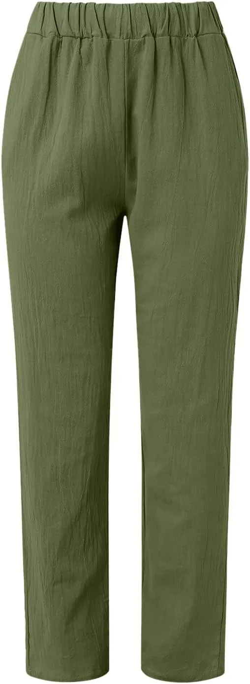 Linen Capri Pants Women Summer Sweatpants 2025 Trendy Striped Spring Summer Pants Casual Elastic Waist Comfy Trousers