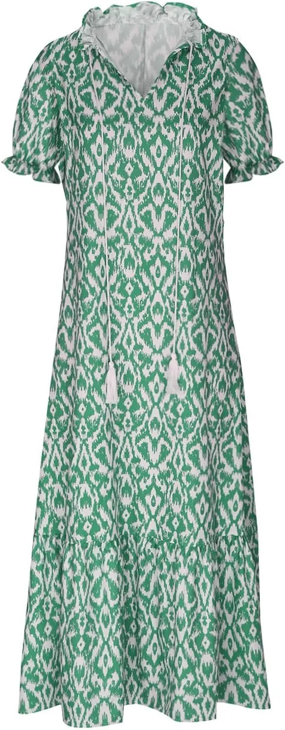Maxi Dresses for Women 2025 V Neck Boho Floral Print Maxi Dresses Elegant Short Sleeve Beach Long Dress with Curved Hem