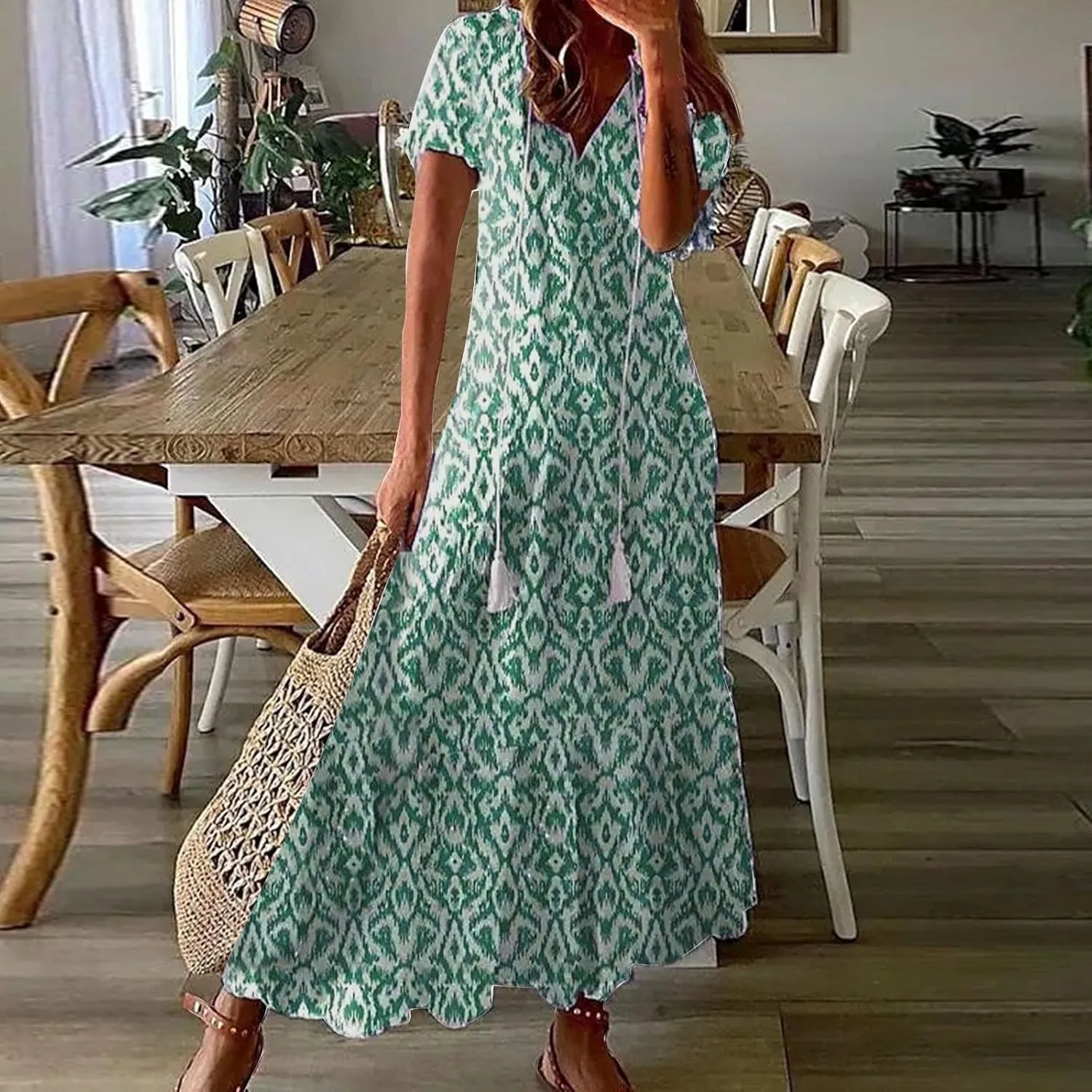 Maxi Dresses for Women 2025 V Neck Boho Floral Print Maxi Dresses Elegant Short Sleeve Beach Long Dress with Curved Hem