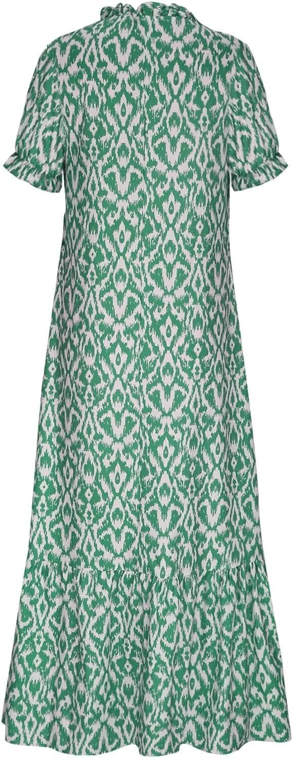 Maxi Dresses for Women 2025 V Neck Boho Floral Print Maxi Dresses Elegant Short Sleeve Beach Long Dress with Curved Hem