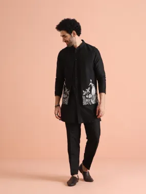 Men Black Animal Kurta Jacket Trouser Set
