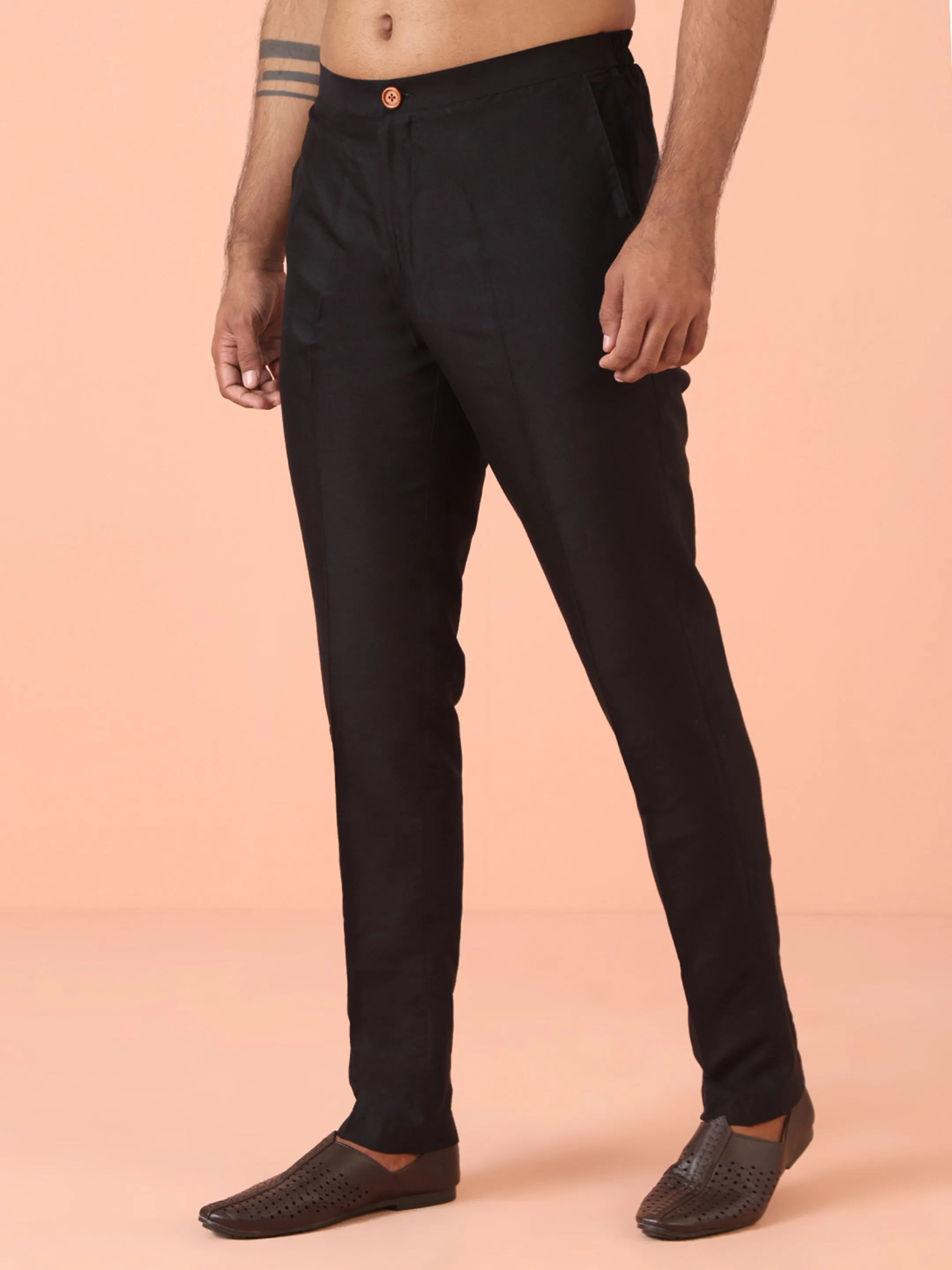 Men Black Animal Kurta Jacket Trouser Set
