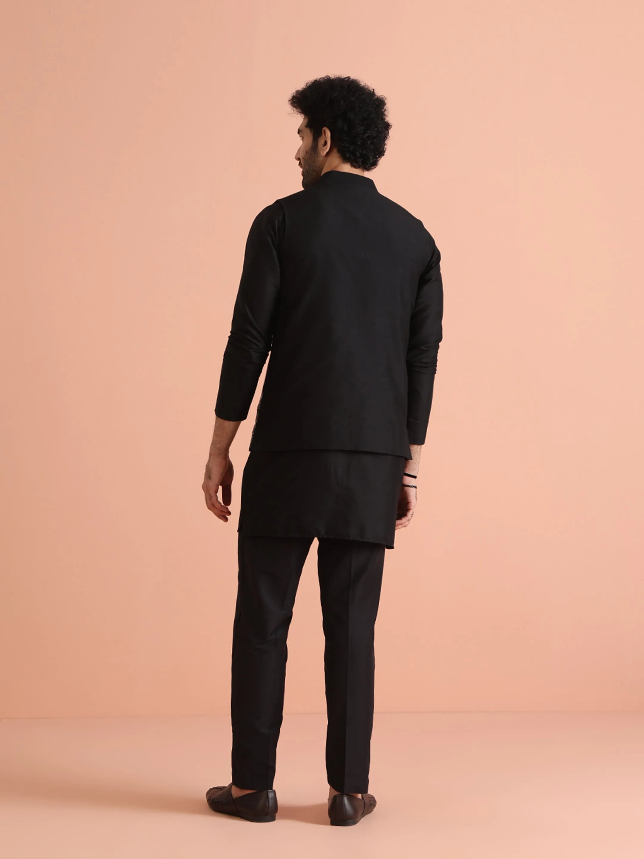 Men Black Animal Kurta Jacket Trouser Set