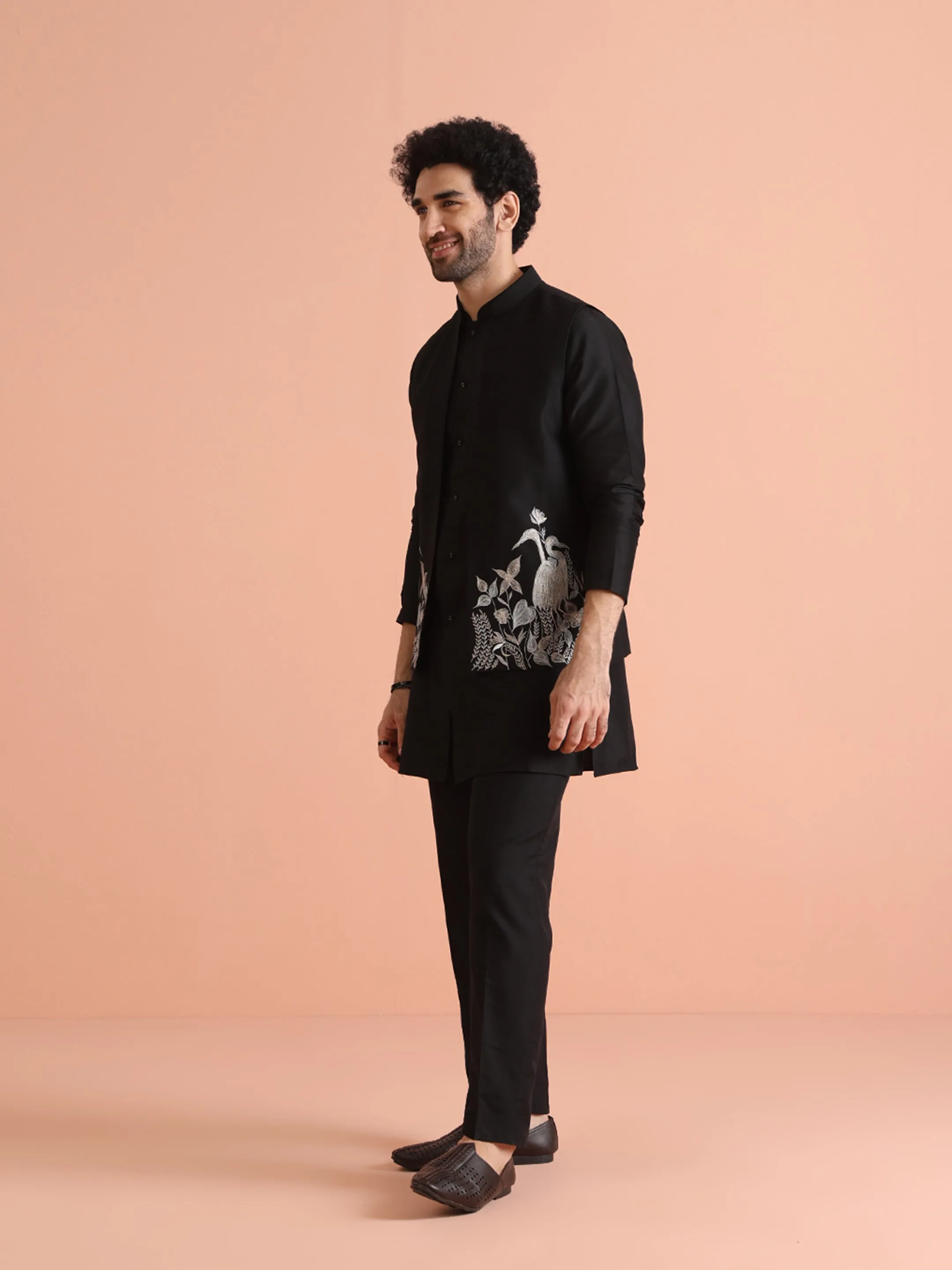 Men Black Animal Kurta Jacket Trouser Set