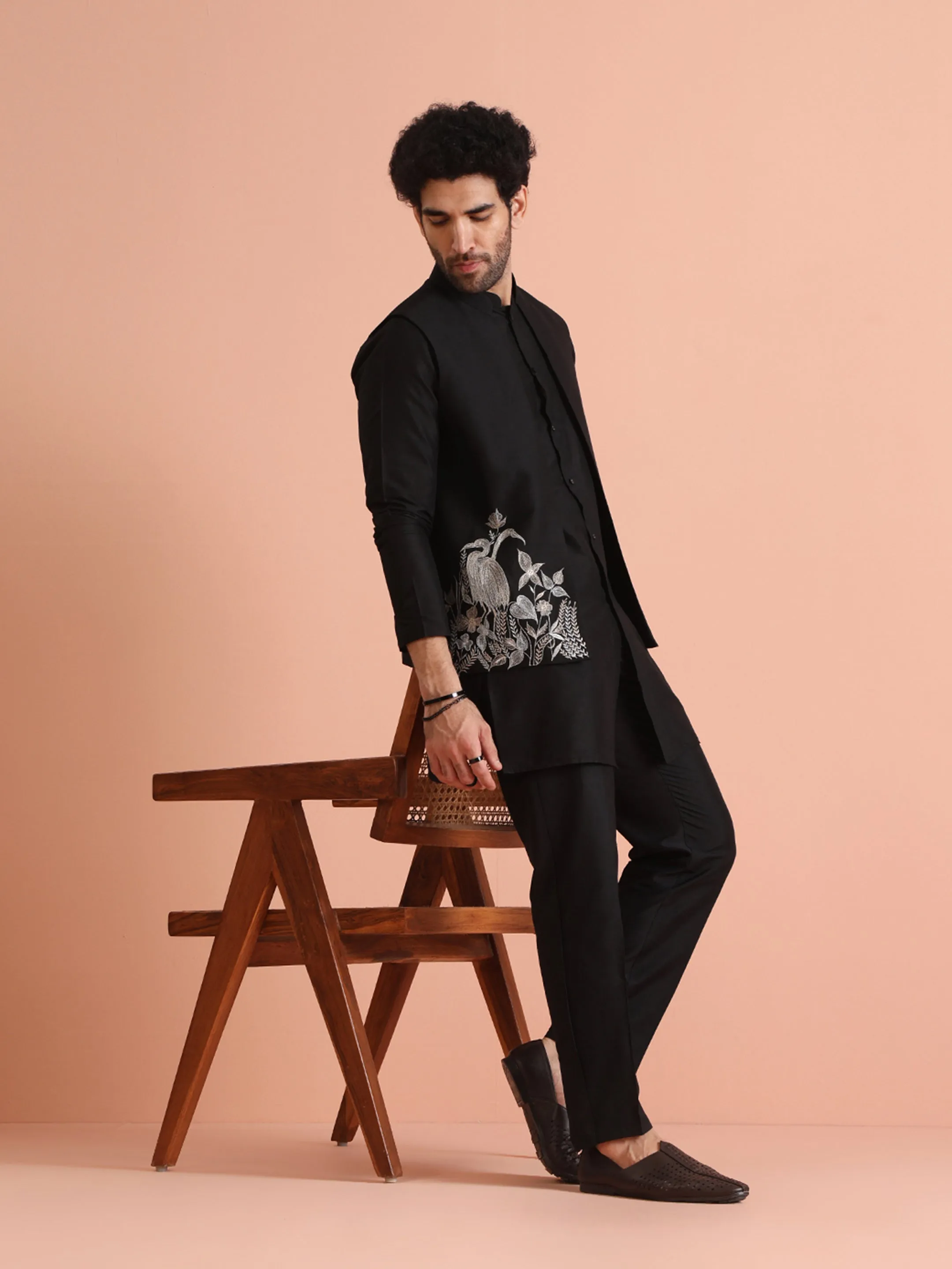 Men Black Animal Kurta Jacket Trouser Set