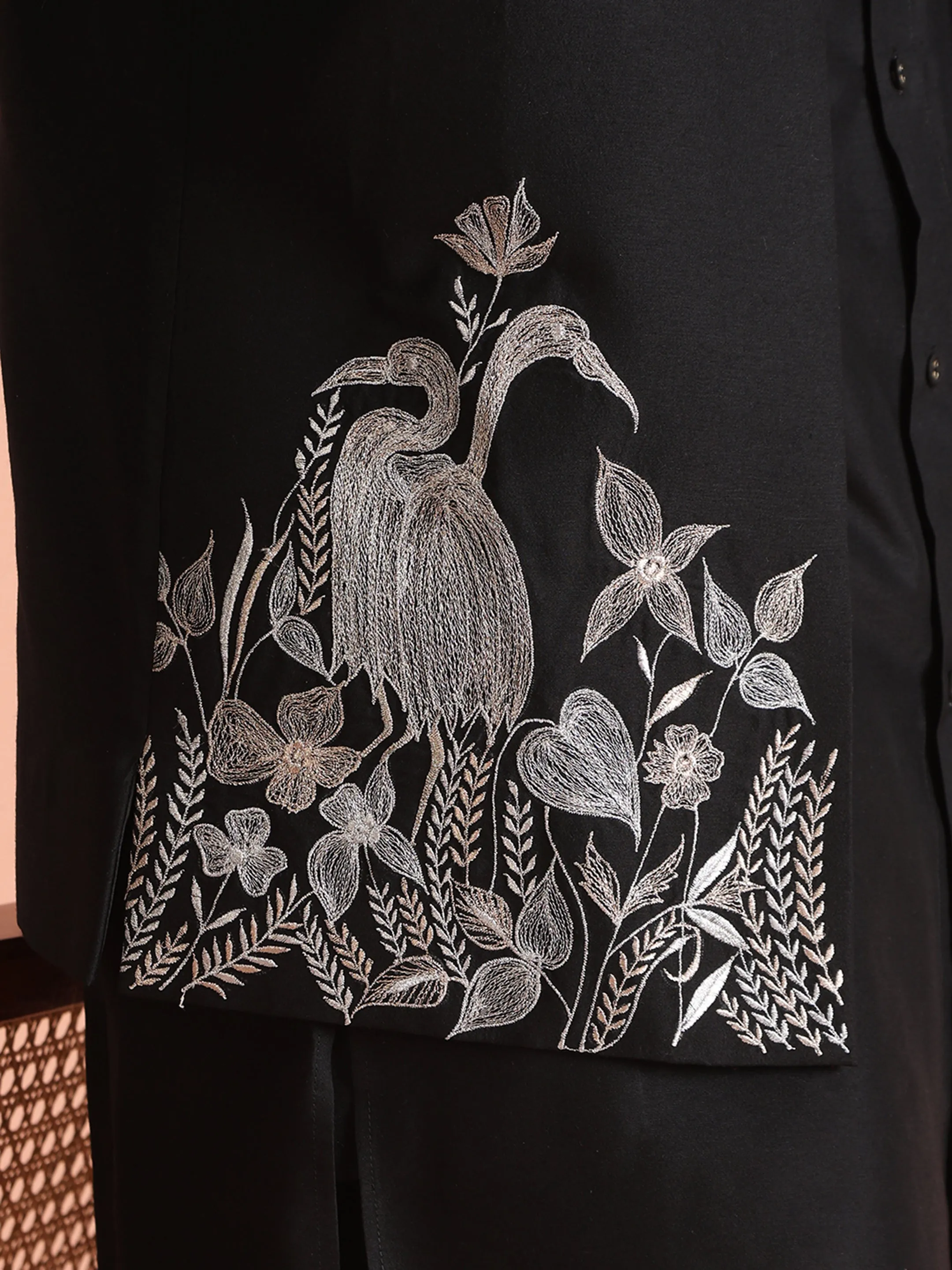 Men Black Animal Kurta Jacket Trouser Set