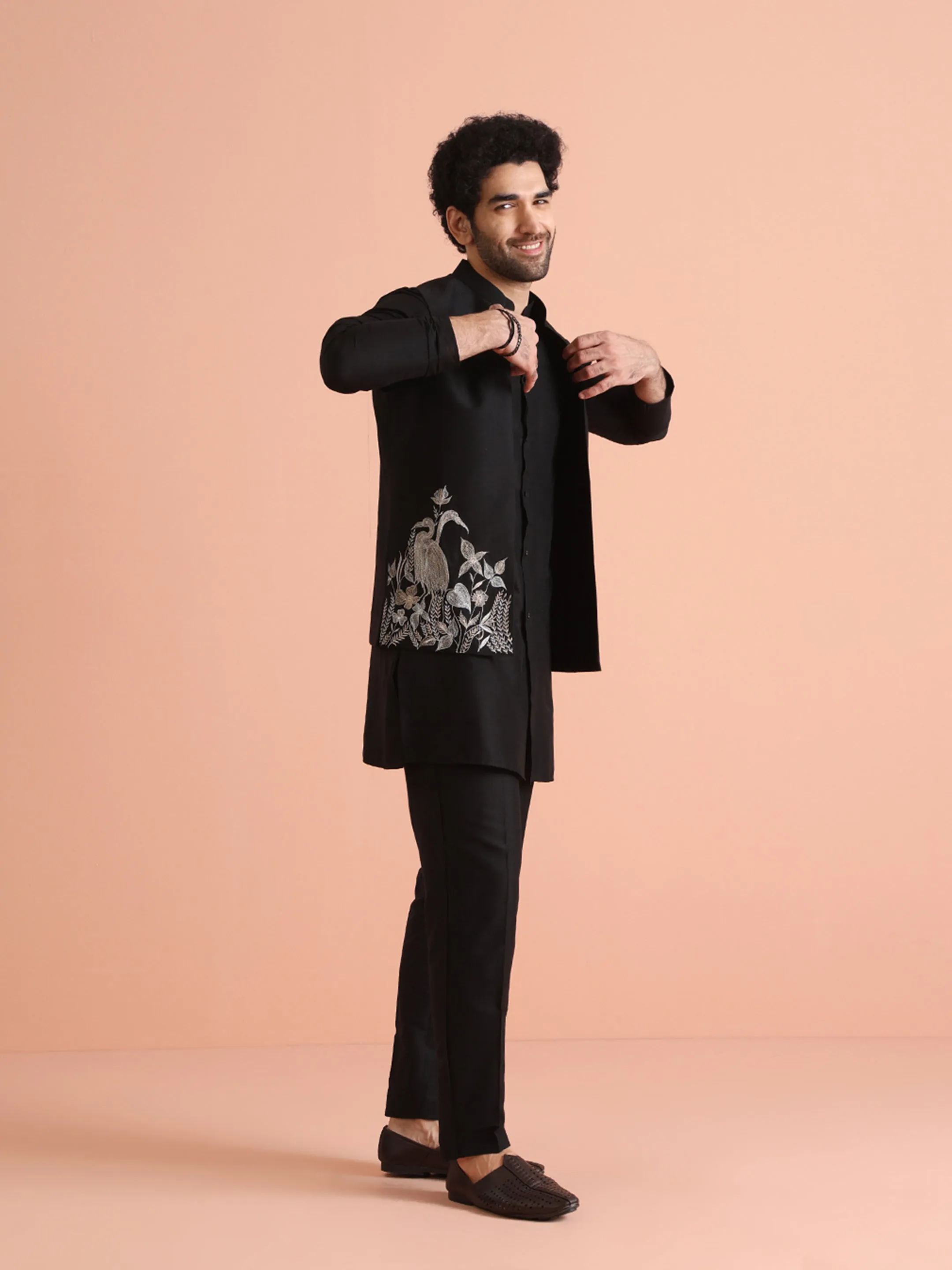 Men Black Animal Kurta Jacket Trouser Set