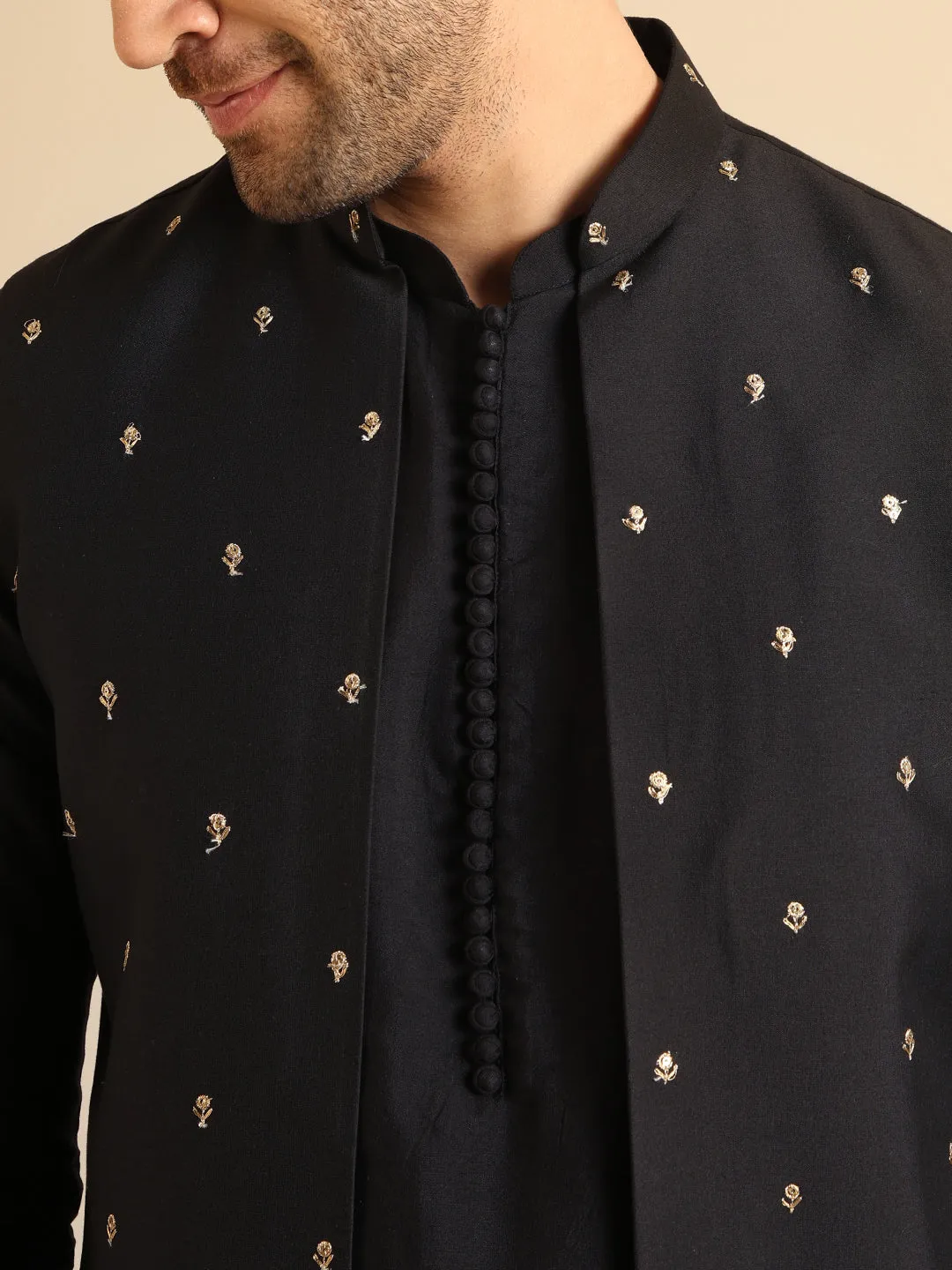 Men Black Embroidered Kurta Nehru Jacket Trouser Set