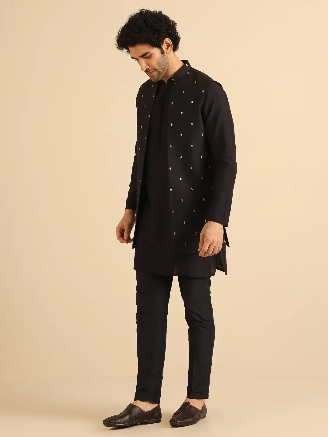 Men Black Embroidered Kurta Nehru Jacket Trouser Set
