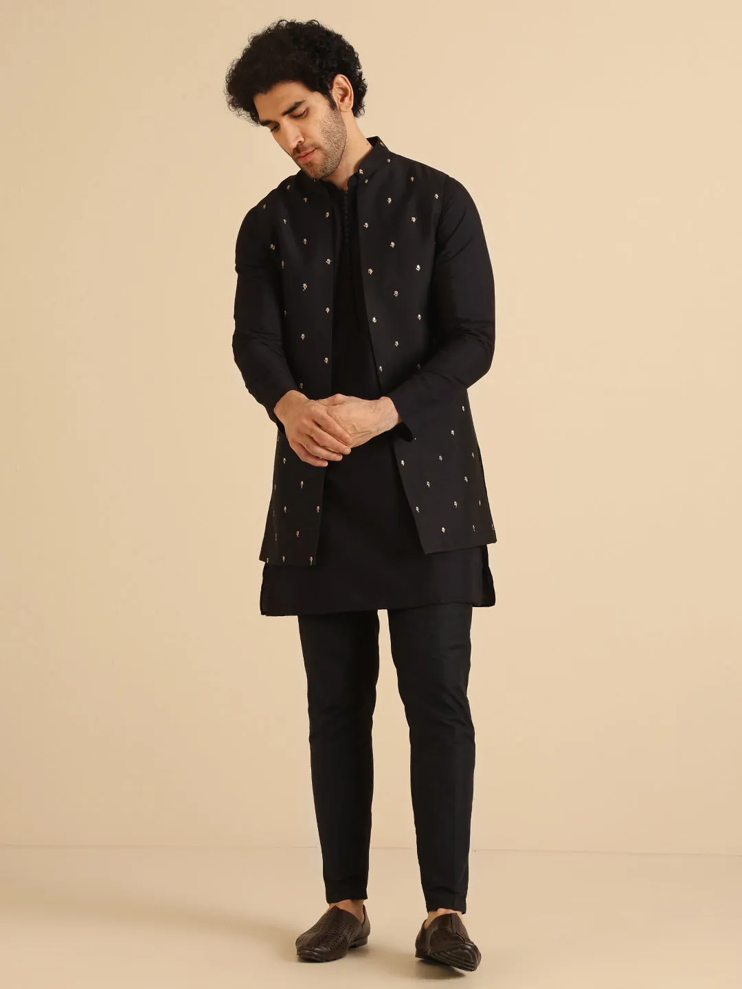 Men Black Embroidered Kurta Nehru Jacket Trouser Set
