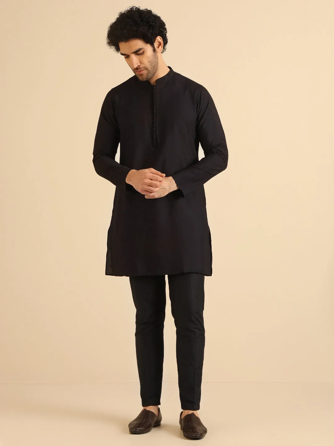Men Black Embroidered Kurta Nehru Jacket Trouser Set