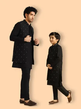 Men Black Embroidered Kurta Nehru Jacket Trouser Set