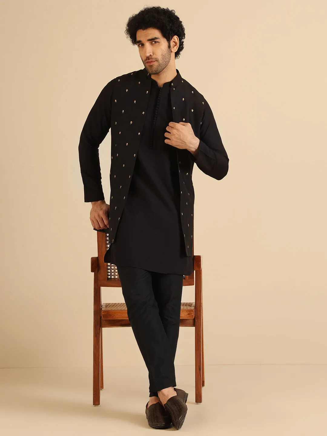 Men Black Embroidered Kurta Nehru Jacket Trouser Set