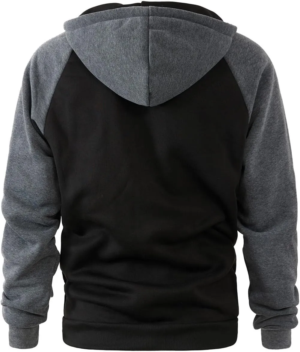 Men Zipper Hooded Sweatshirt Casual Contrast Color Raglan Sleeve Warm Comfortable Cardigan Top with Pockets