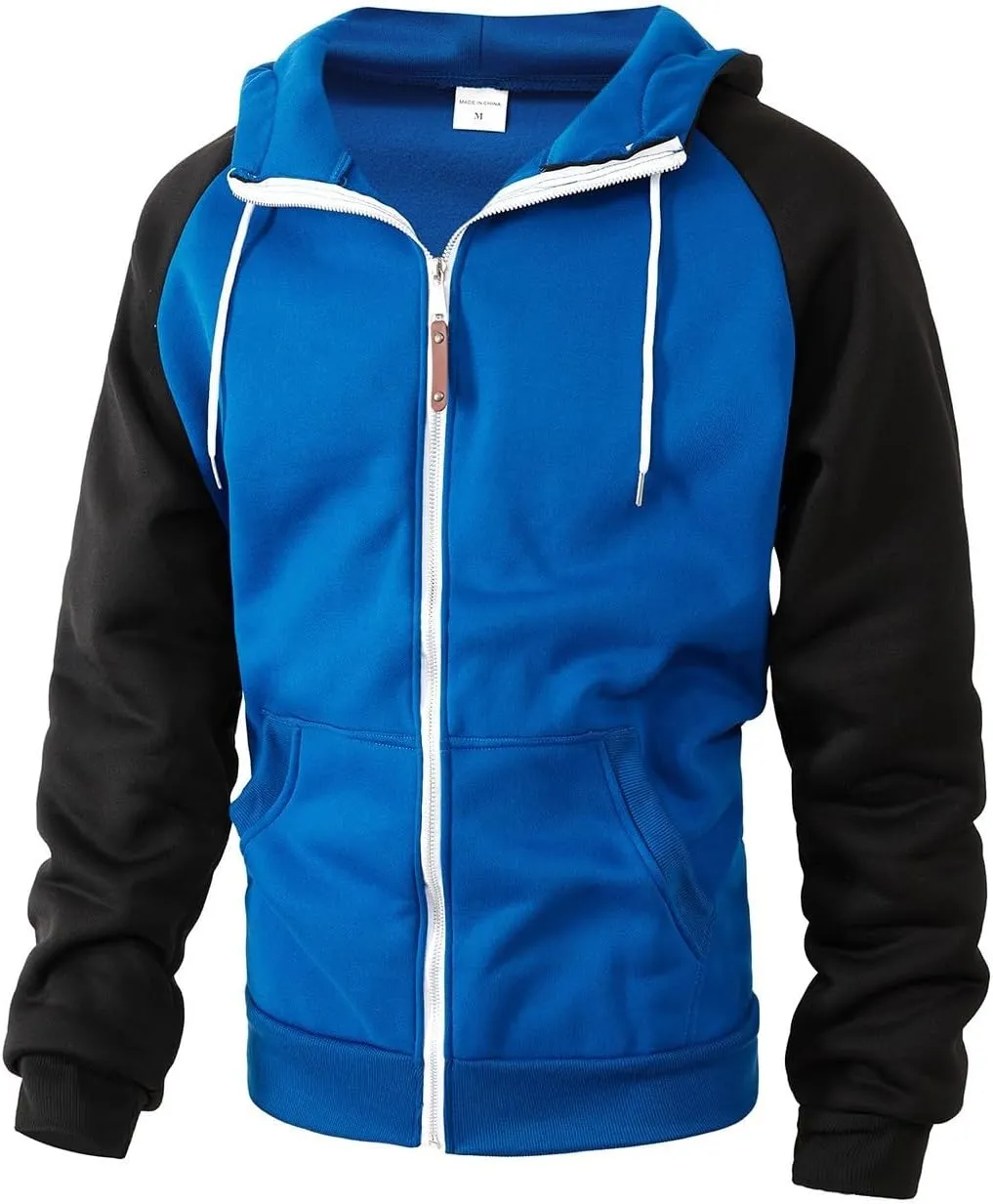 Men Zipper Hooded Sweatshirt Casual Contrast Color Raglan Sleeve Warm Comfortable Cardigan Top with Pockets