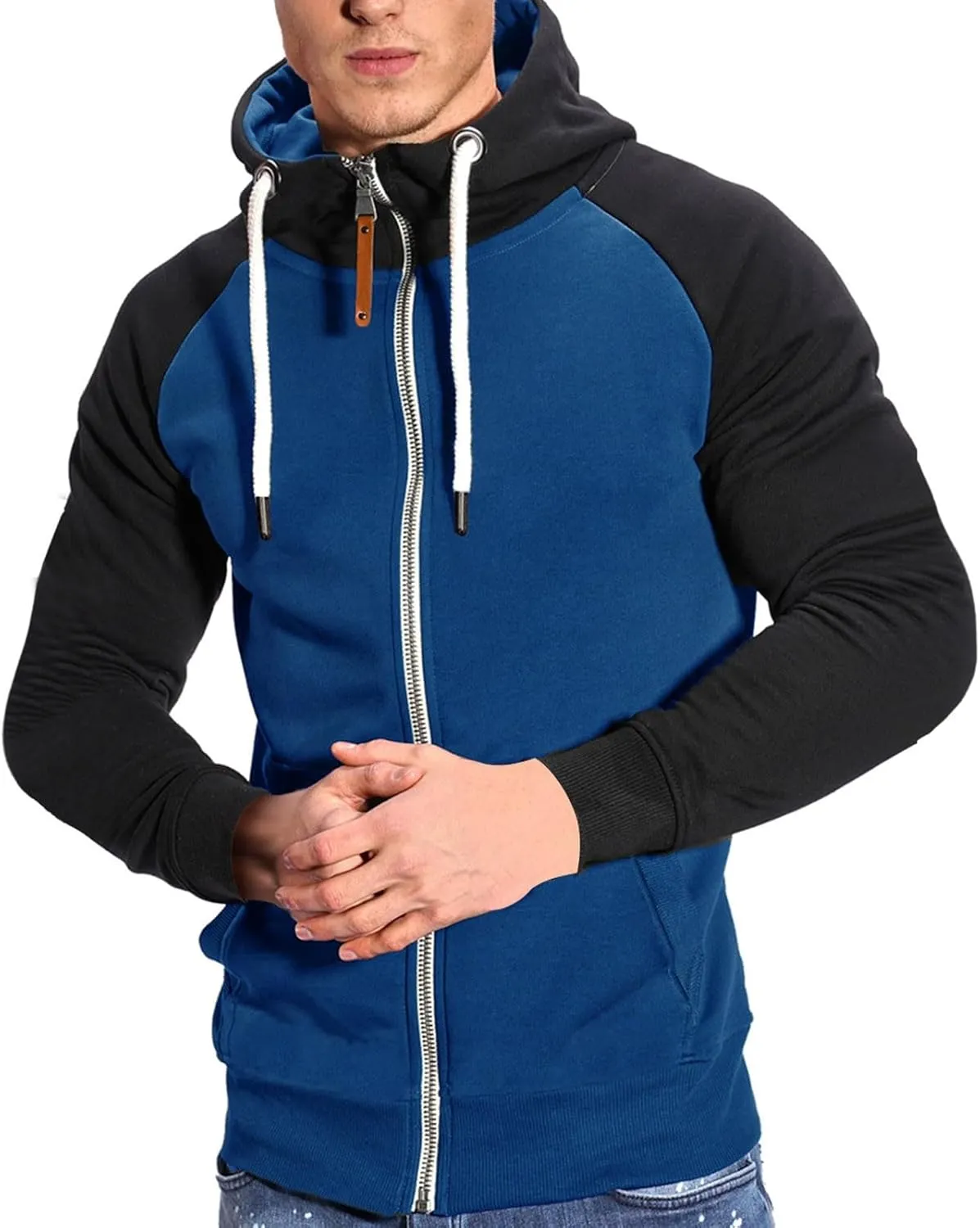 Men Zipper Hooded Sweatshirt Casual Contrast Color Raglan Sleeve Warm Comfortable Cardigan Top with Pockets