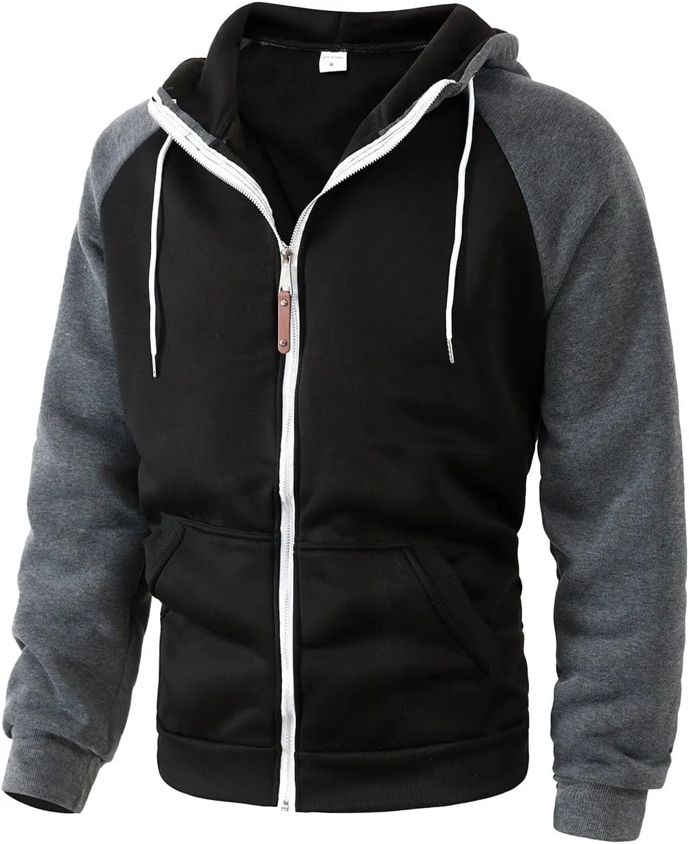 Men Zipper Hooded Sweatshirt Casual Contrast Color Raglan Sleeve Warm Comfortable Cardigan Top with Pockets