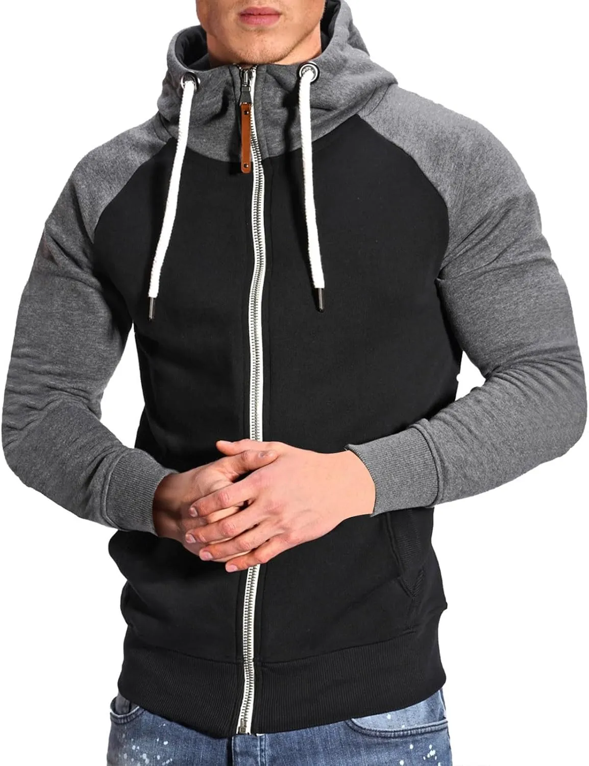 Men Zipper Hooded Sweatshirt Casual Contrast Color Raglan Sleeve Warm Comfortable Cardigan Top with Pockets
