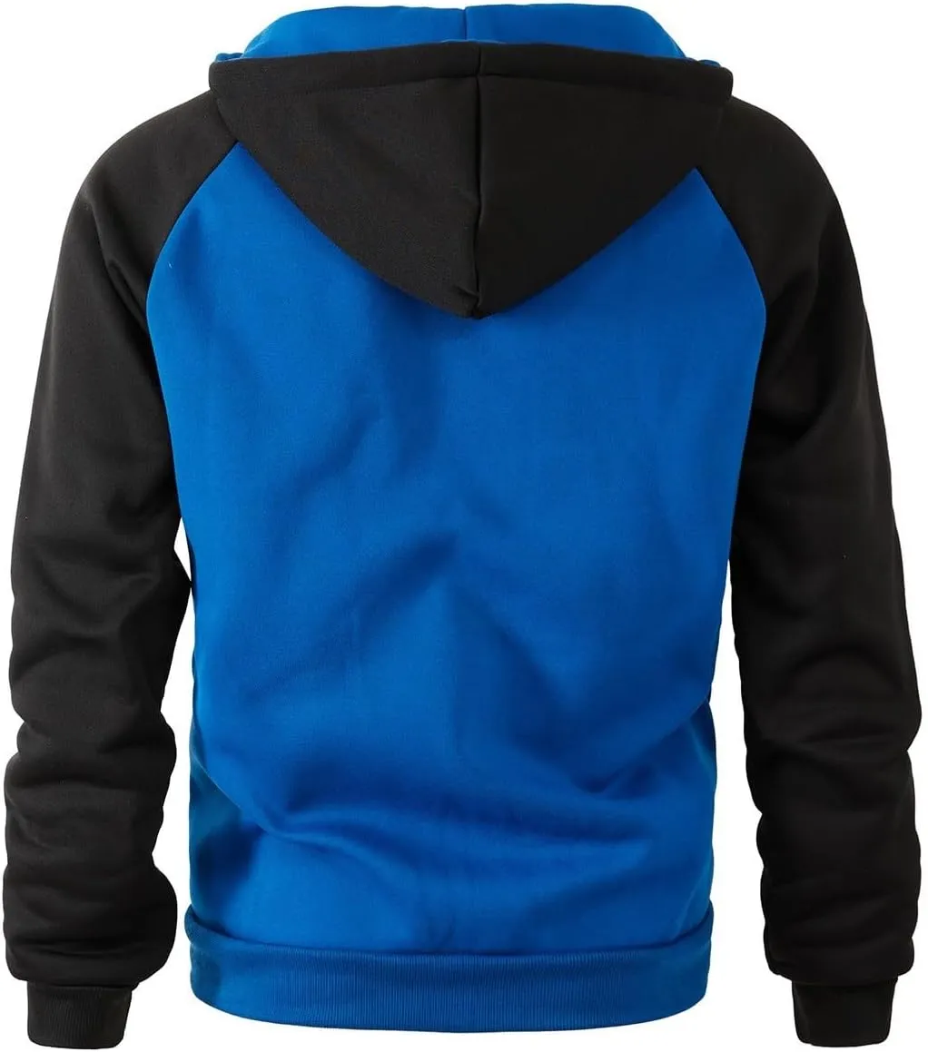 Men Zipper Hooded Sweatshirt Casual Contrast Color Raglan Sleeve Warm Comfortable Cardigan Top with Pockets