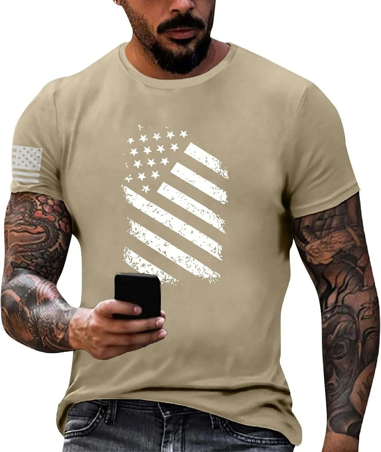 Men's American Flag Shirt Sleeve 1776 USA Graphic Dry Fit Cotton Comfortable T-Shirts 4th of July Shirt