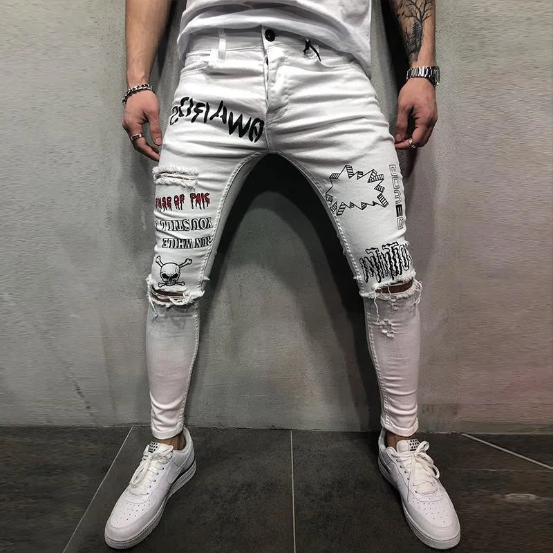 Men's Casual Fashion Slim Hole Graffiti Jeans