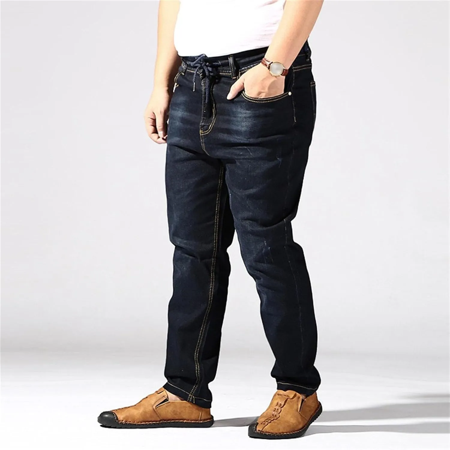 Men's Distressed Stretch Comfort Jeans Loose Fit Casual Outdoor Denim Pants Elastic Waist Casual Jeans Trouser