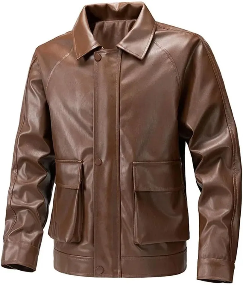 Men's Loose Retro Handsome Motorcycle Leather Jacket Comfortable Breathable Collar Coat