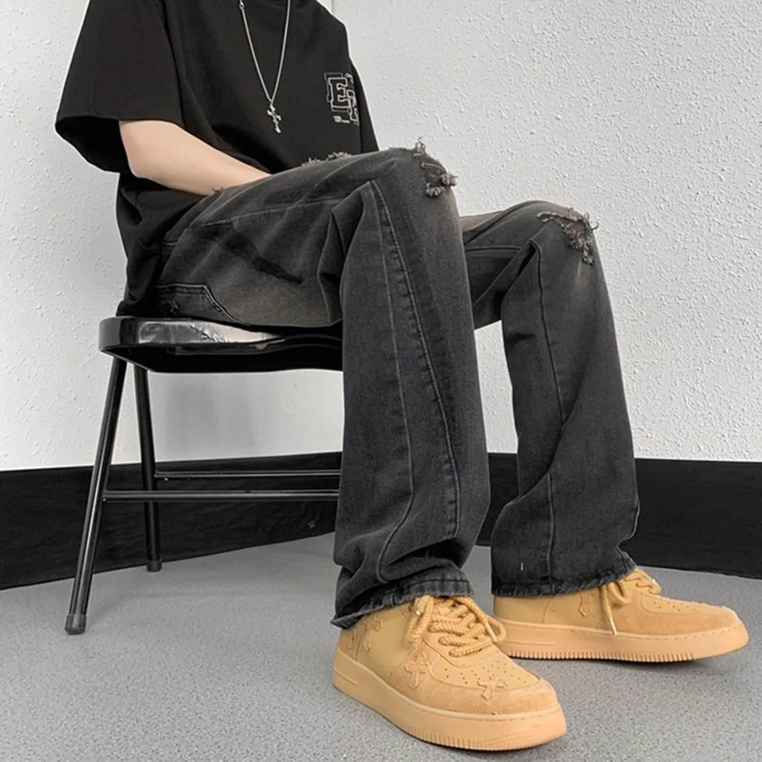 Men's Ripped Distressed Design Regular Fit Jeans Casual Loose Jeans