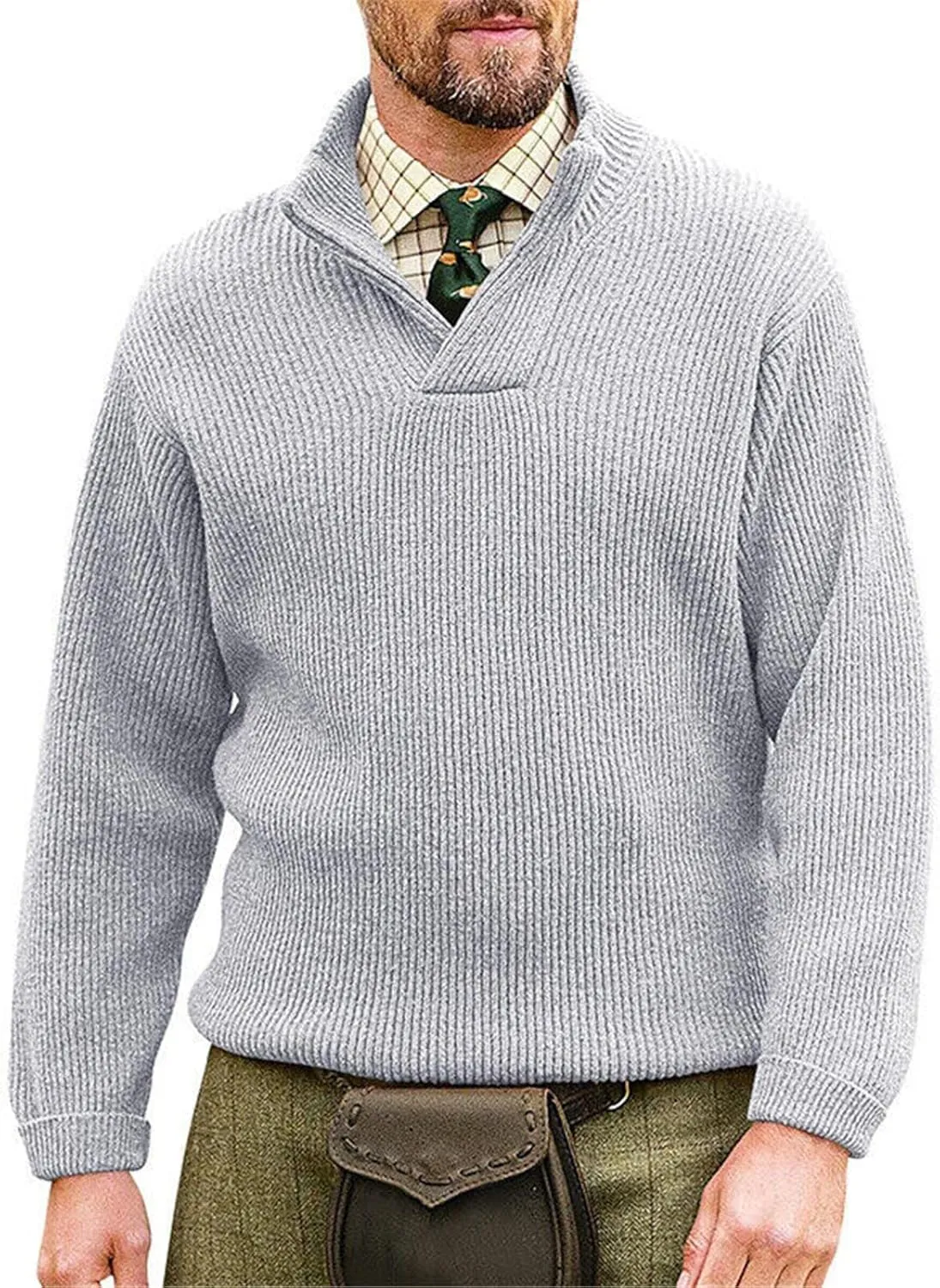 Men's V Neck Cable Knit Mock Neck Loose Fit Pullover Sweater Solid Color Winter Warm Comfortable Sweater Outwear