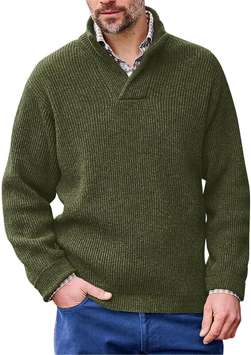 Men's V Neck Cable Knit Mock Neck Loose Fit Pullover Sweater Solid Color Winter Warm Comfortable Sweater Outwear