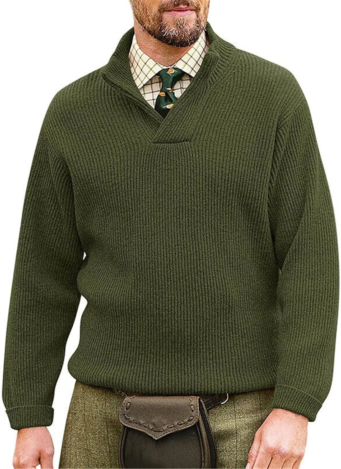 Men's V Neck Cable Knit Mock Neck Loose Fit Pullover Sweater Solid Color Winter Warm Comfortable Sweater Outwear