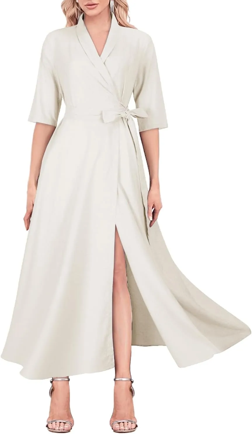 Mingyuezai Women's Linen Wrap Dress V-Neck Lace Up Half Sleeve Maxi Dress